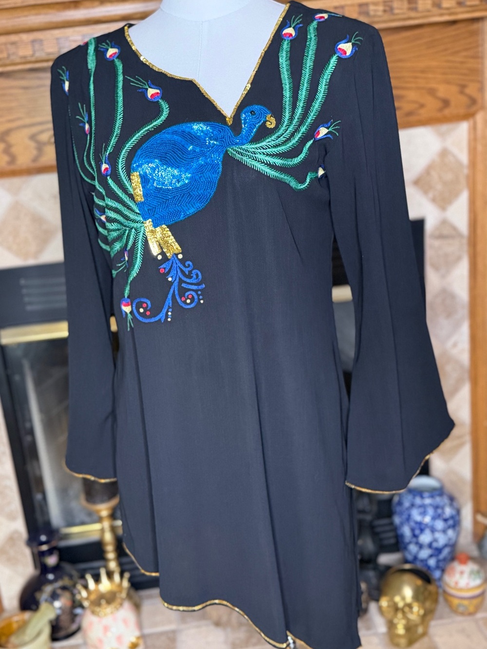 Black Tunic with Long Sleeves and Striking Blue Peacock Embroidery